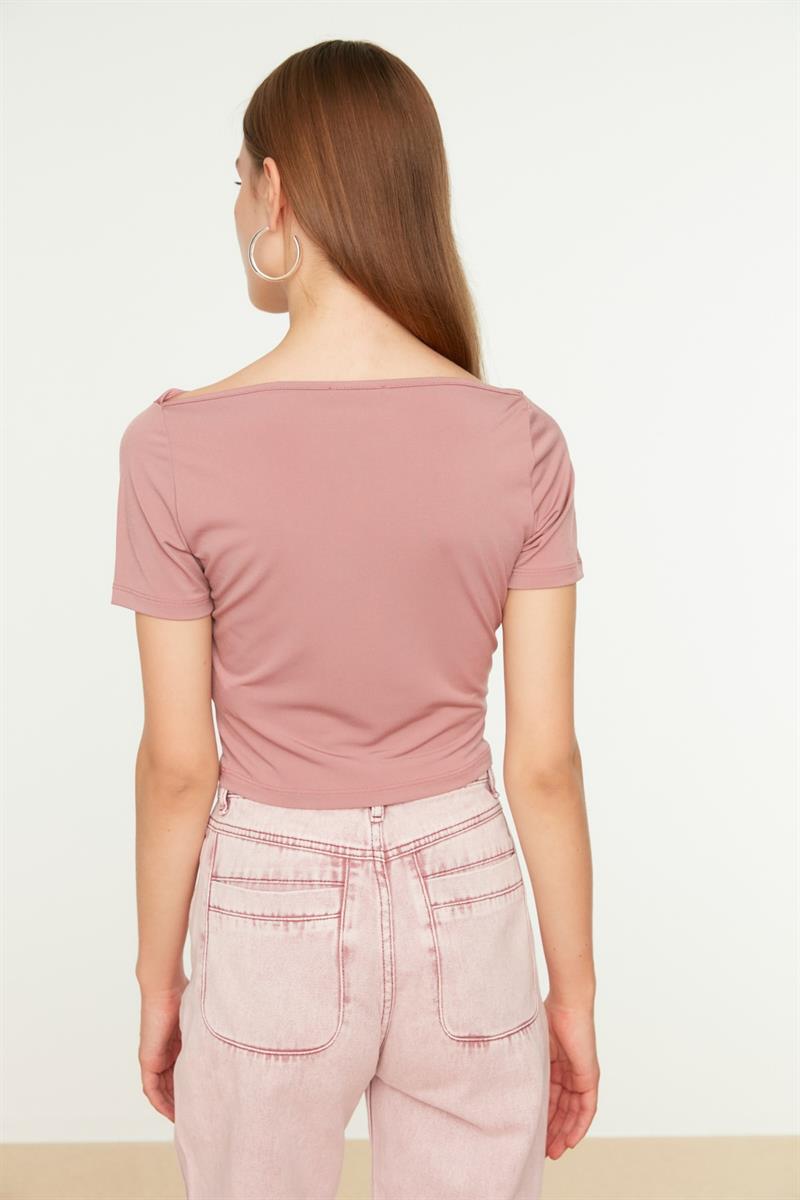 Rose pink top with twisted boat neck