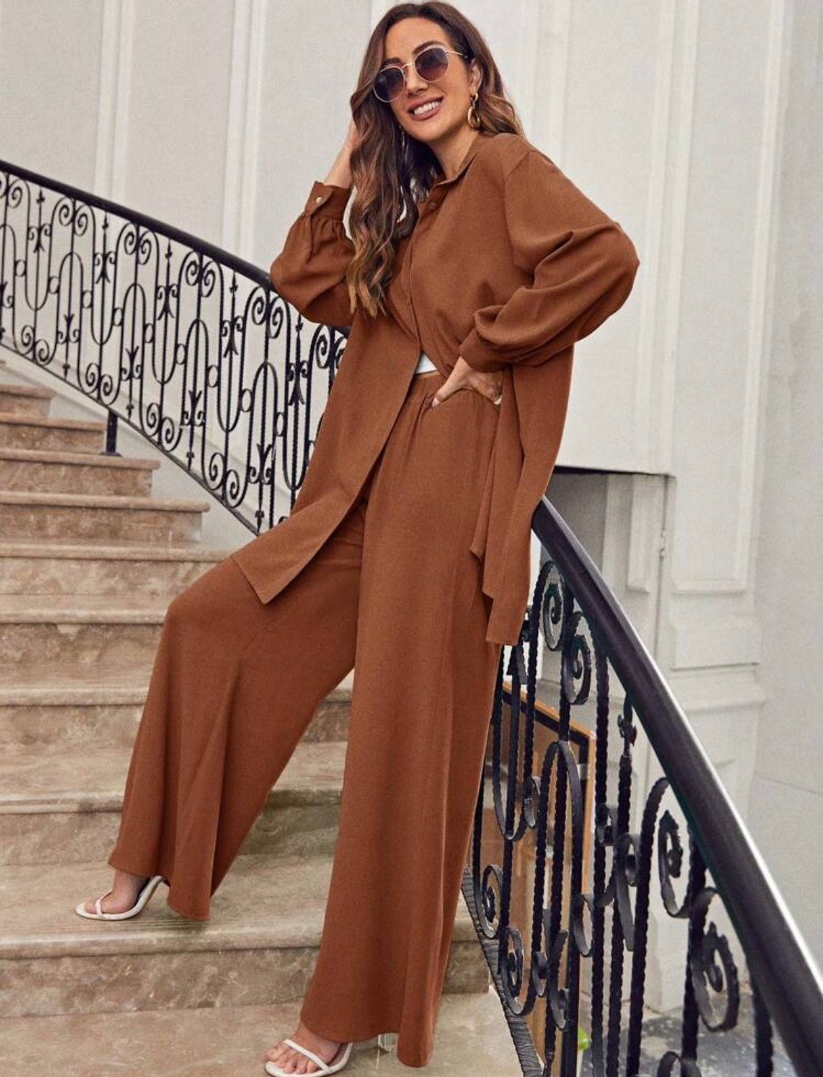 SHEIN Frenchy Drop Shoulder
Button Front Shirt & Wide Leg Pants
