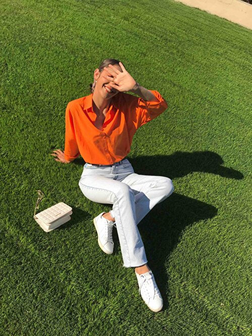 Oversized Button Down Shirt - Orange
