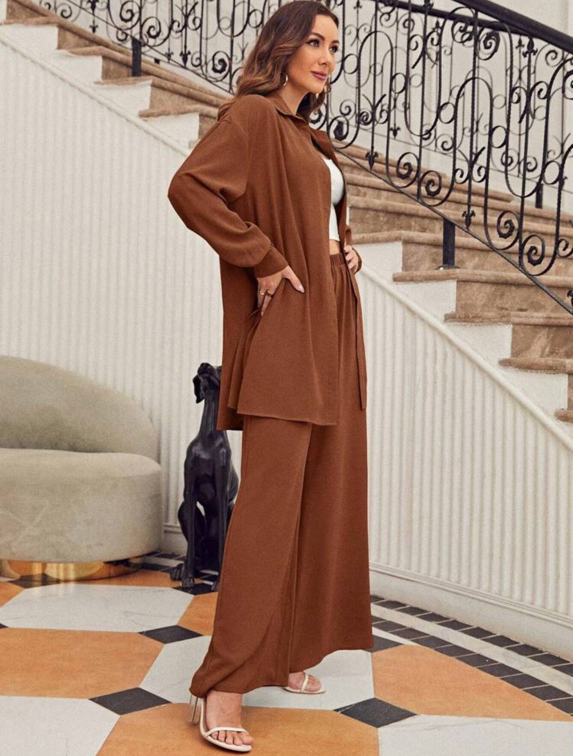 SHEIN Frenchy Drop Shoulder
Button Front Shirt & Wide Leg Pants