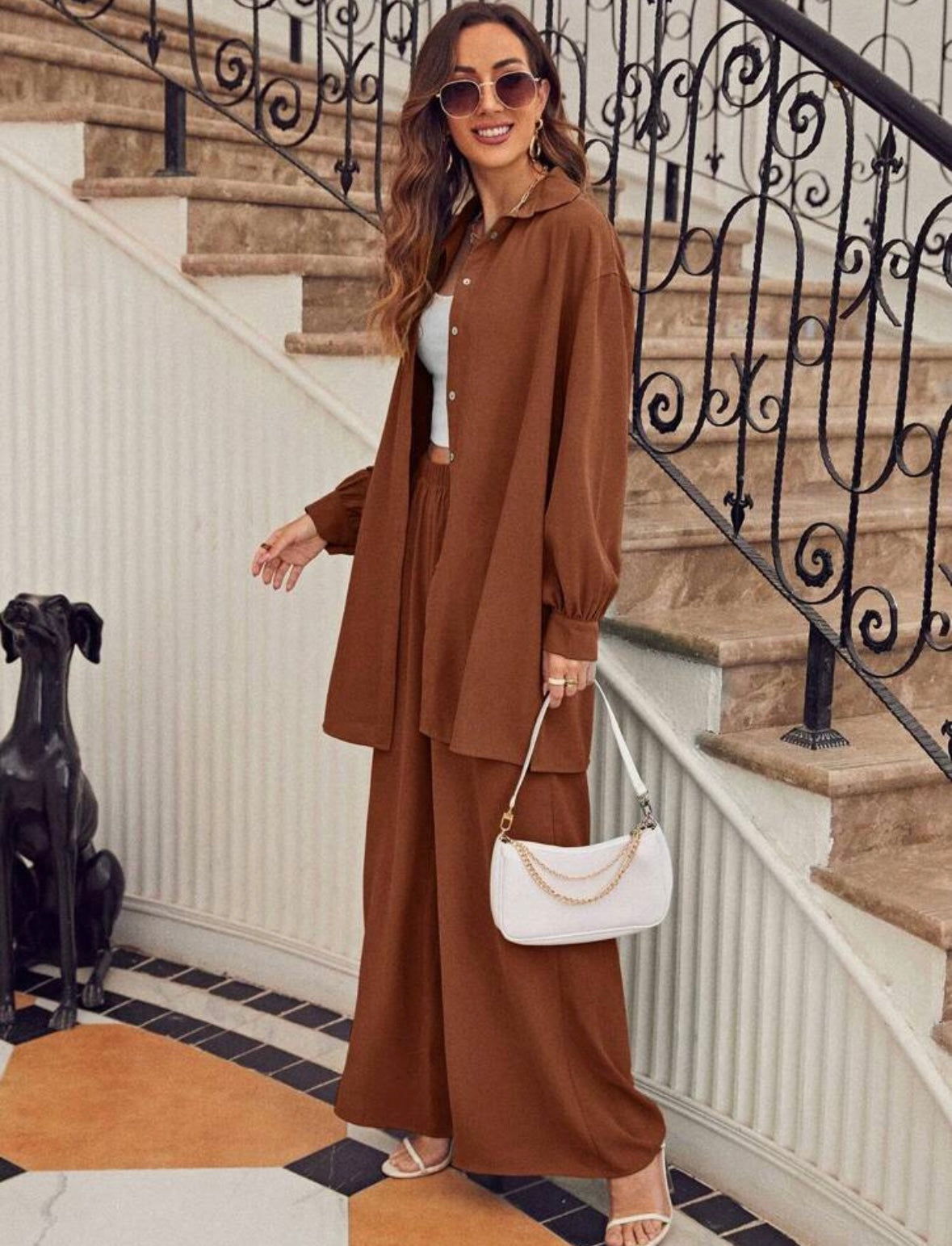 SHEIN Frenchy Drop Shoulder
Button Front Shirt & Wide Leg Pants