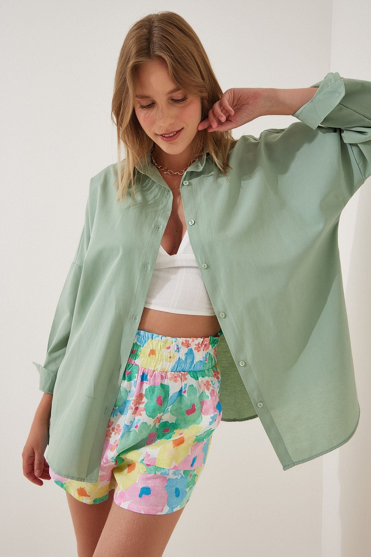 Oversized Button Down Shirt - Light Green
