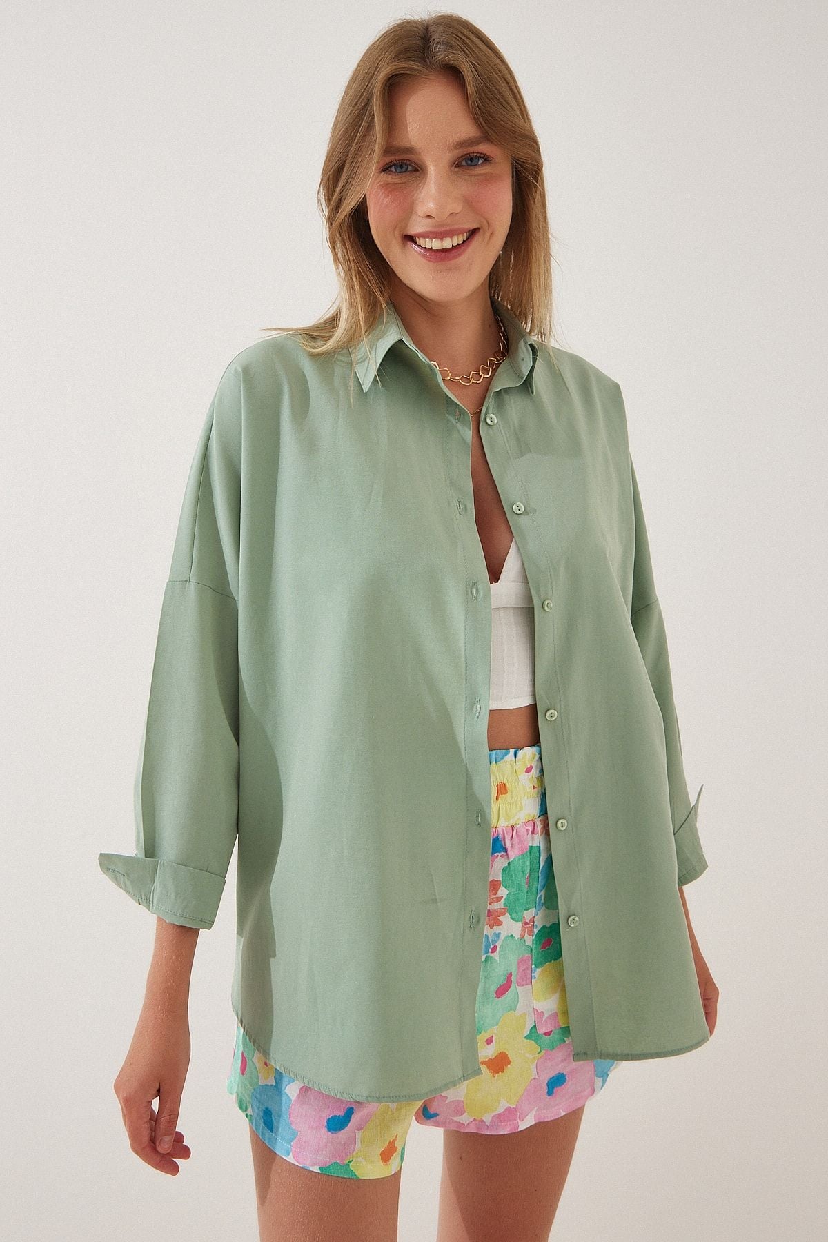 Oversized Button Down Shirt - Light Green