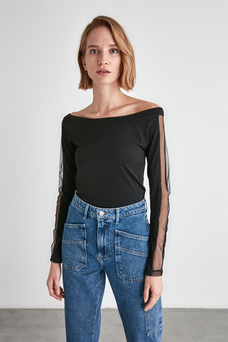 Black Top with Stylish Net Sleeves