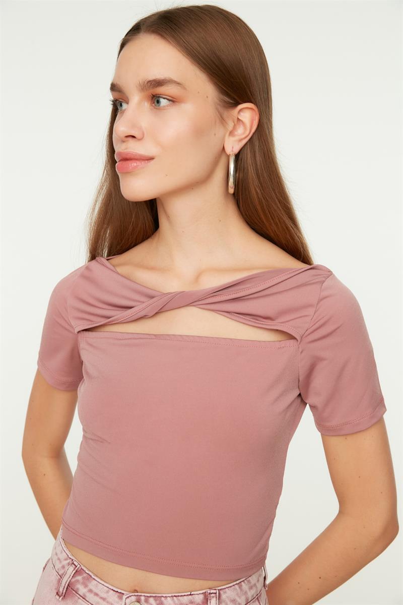 Rose pink top with twisted boat neck