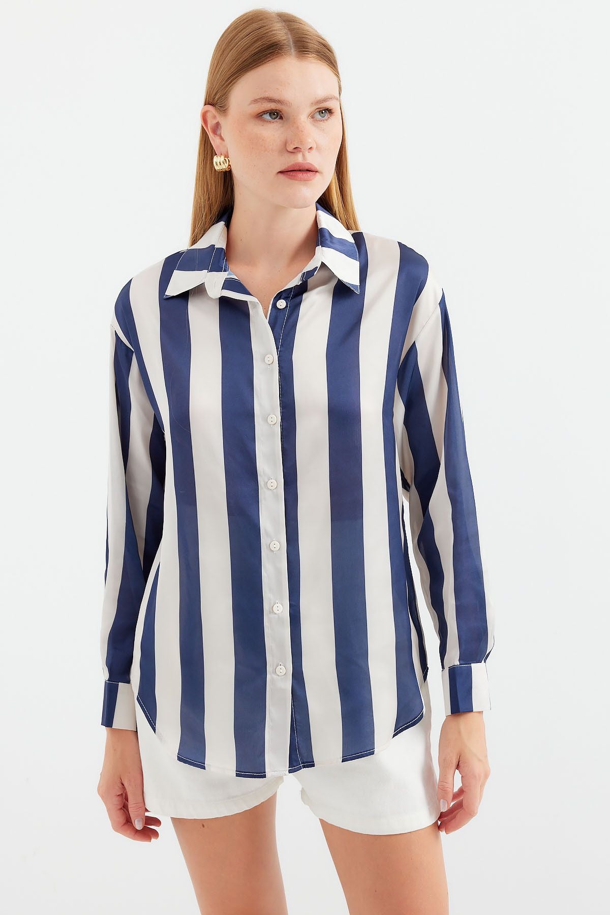 Striped Satin Shirt - Dark Blue & White