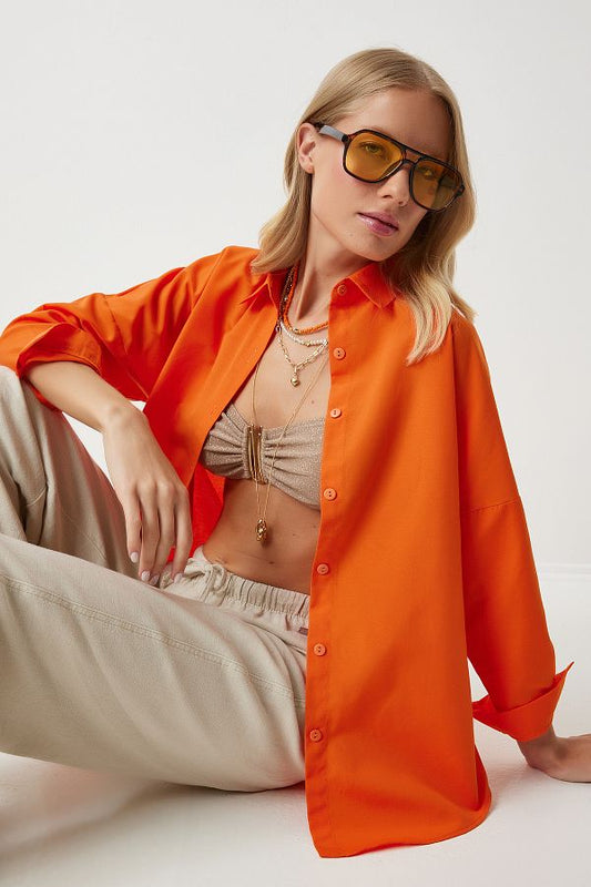 Oversized Button Down Shirt - Orange