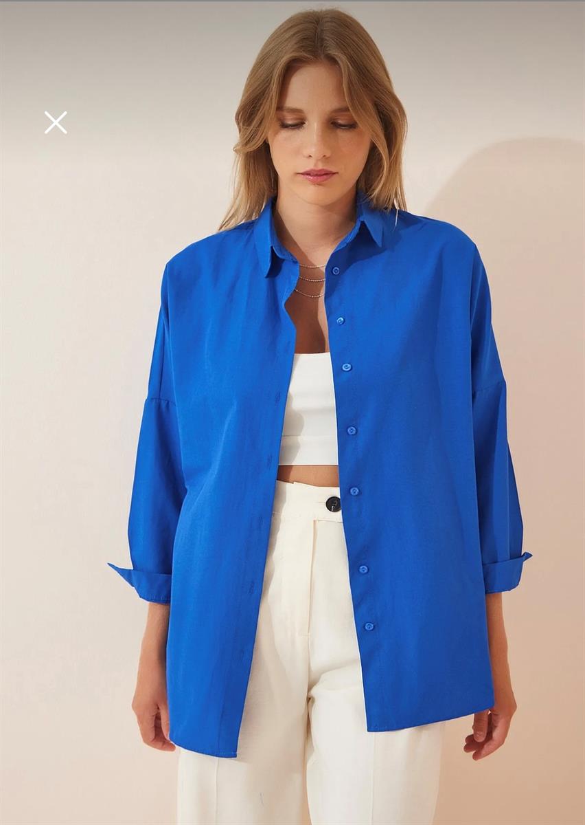 Oversized Button Down Shirt - Electric Blue