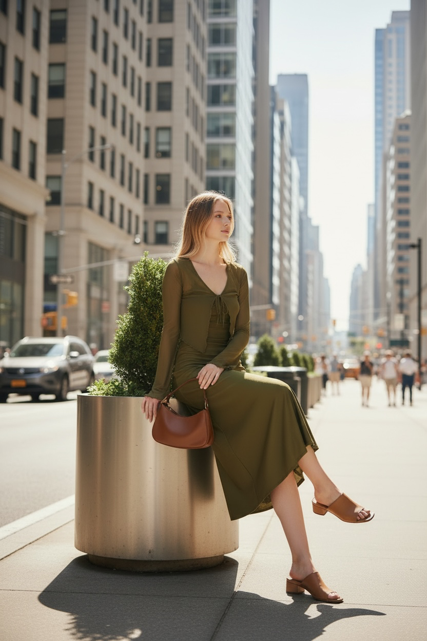 Olive Meadow - Olive Ruched Slip dress Set