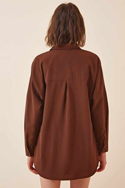 Oversized Button Down Shirt - Brown