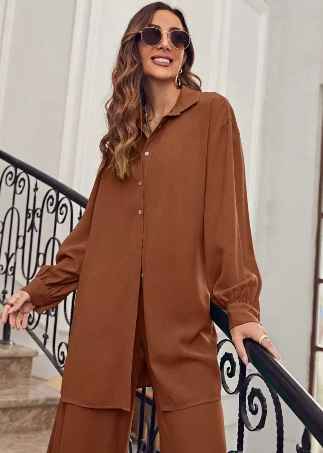 SHEIN Frenchy Drop Shoulder
Button Front Shirt & Wide Leg Pants