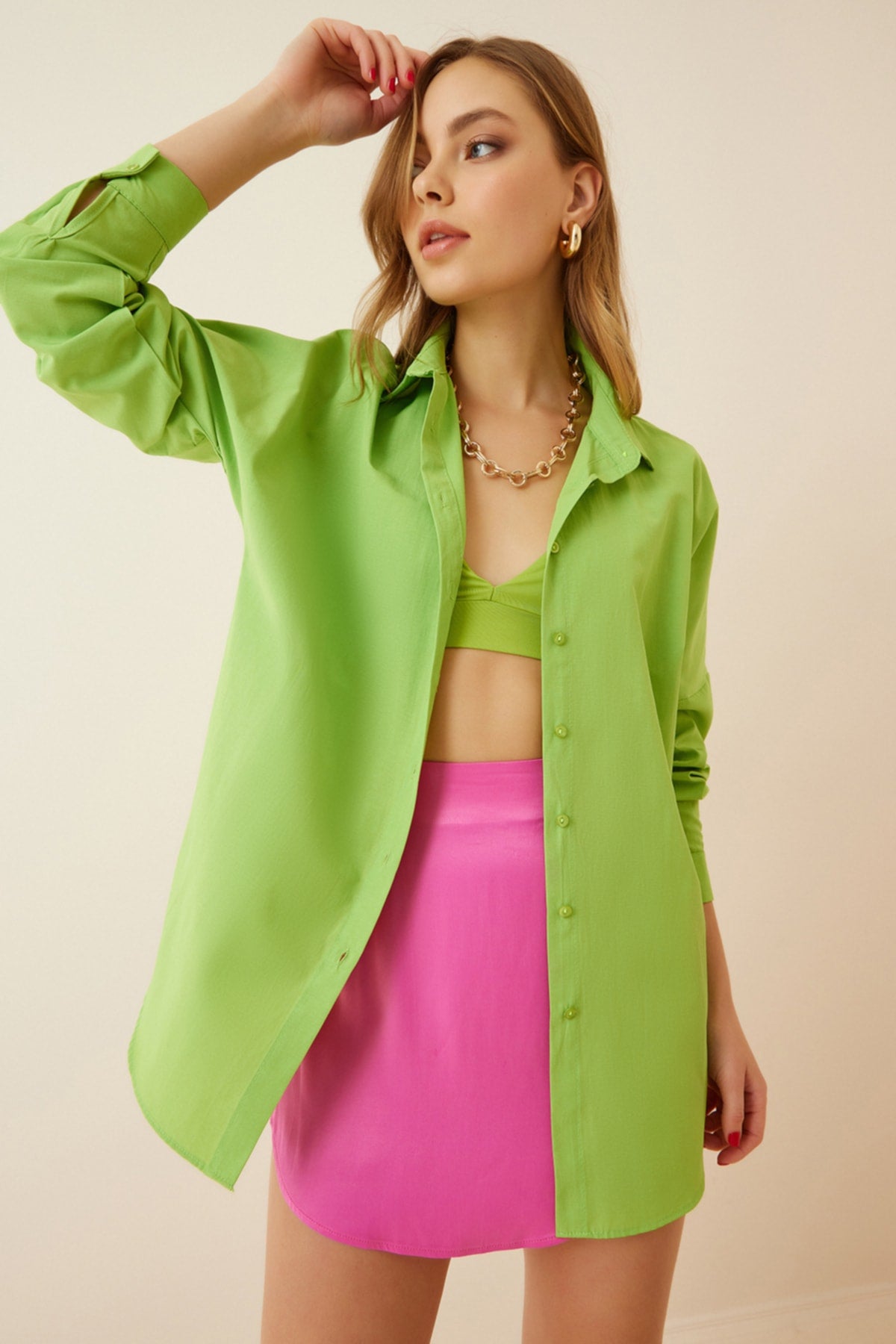 Oversized Button Down Shirt - Parrot Green