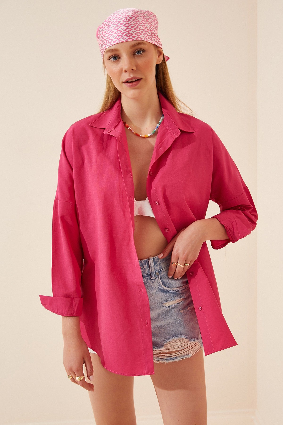 Oversized Button Down Shirt - Hot pink