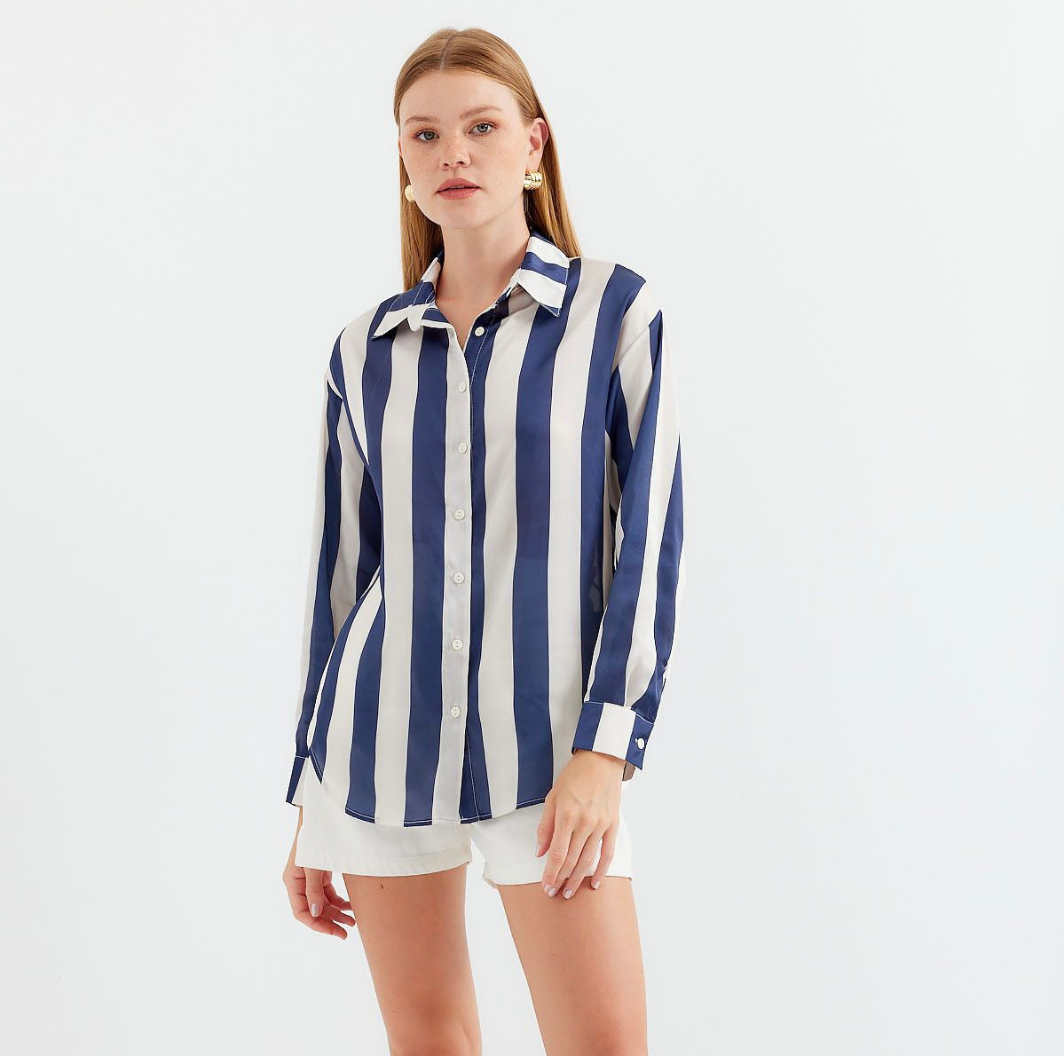 Striped Satin Shirt - Dark Blue & White