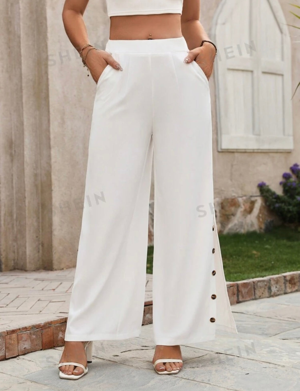 SHEIN LUNE Solid Color Wide Leg Pants