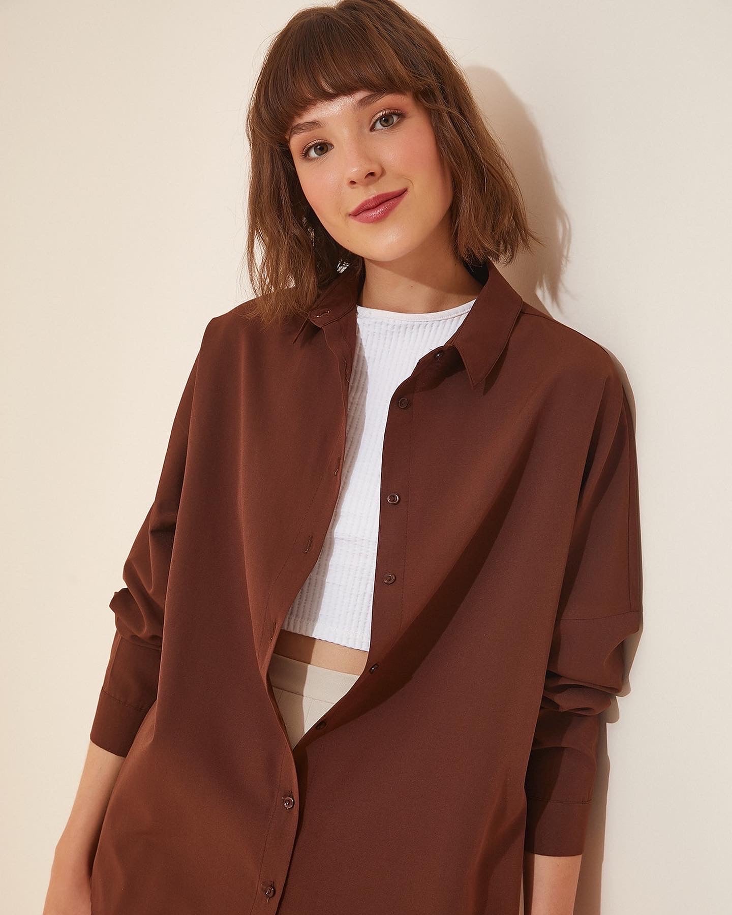 Oversized Button Down Shirt - Brown