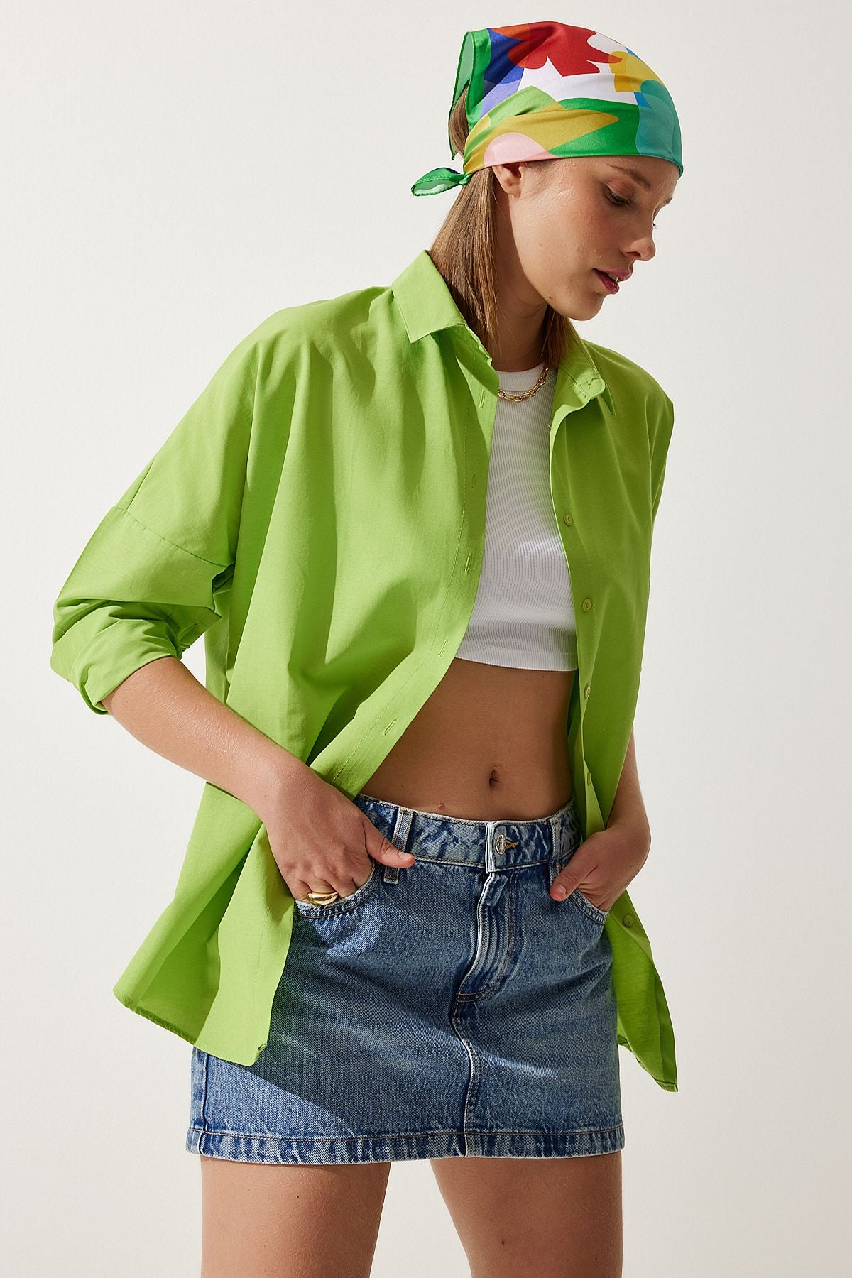 Oversized Button Down Shirt - Parrot Green