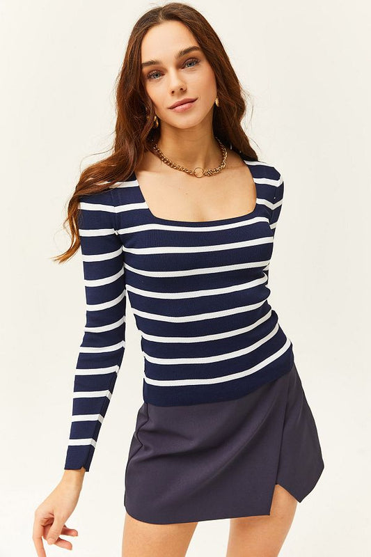 Striped Navy Blue Square Neck Basic Knitwear Top