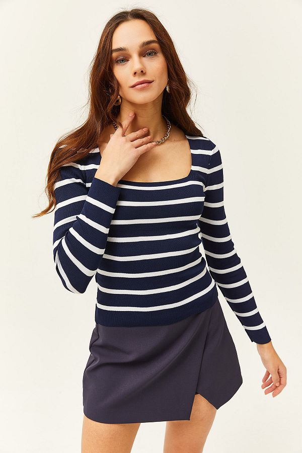 Striped Navy Blue Square Neck Basic Knitwear Top