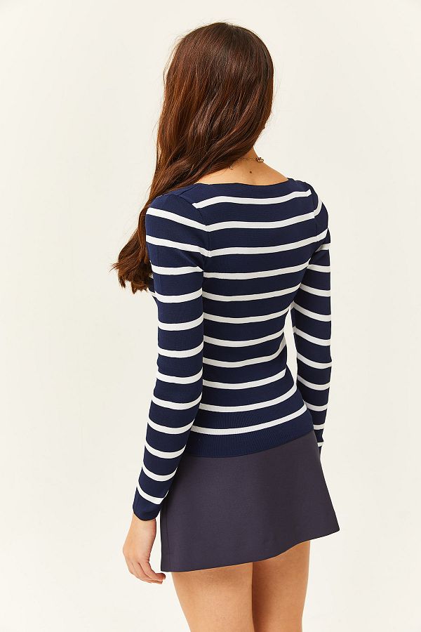 Striped Navy Blue Square Neck Basic Knitwear Top