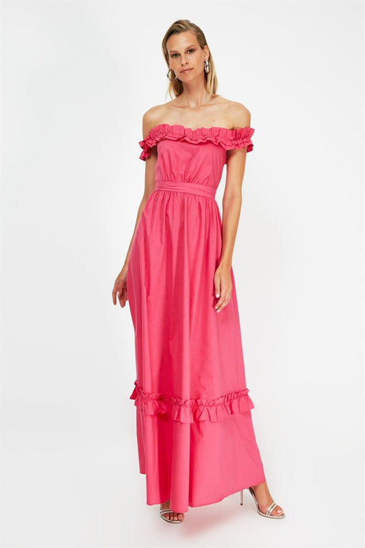 Fuchsia Ruffle Poplin Evening Dress