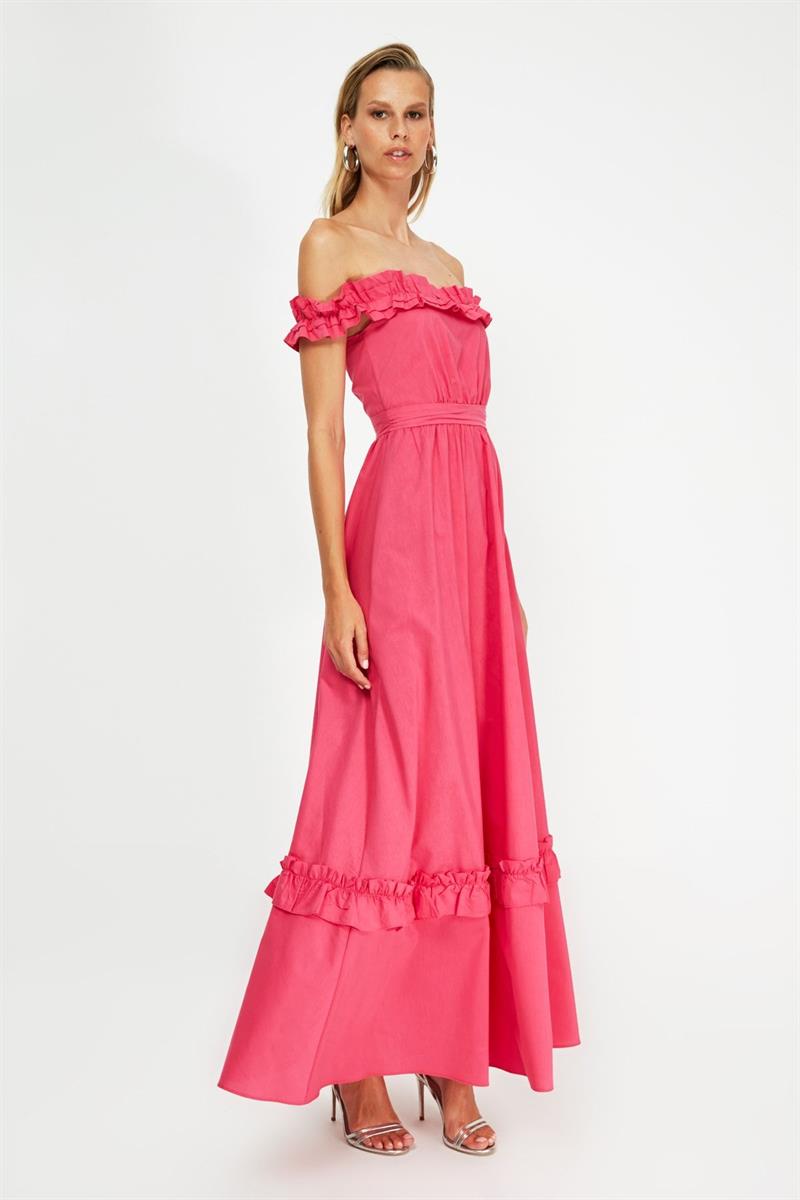 Fuchsia Ruffle Poplin Evening Dress