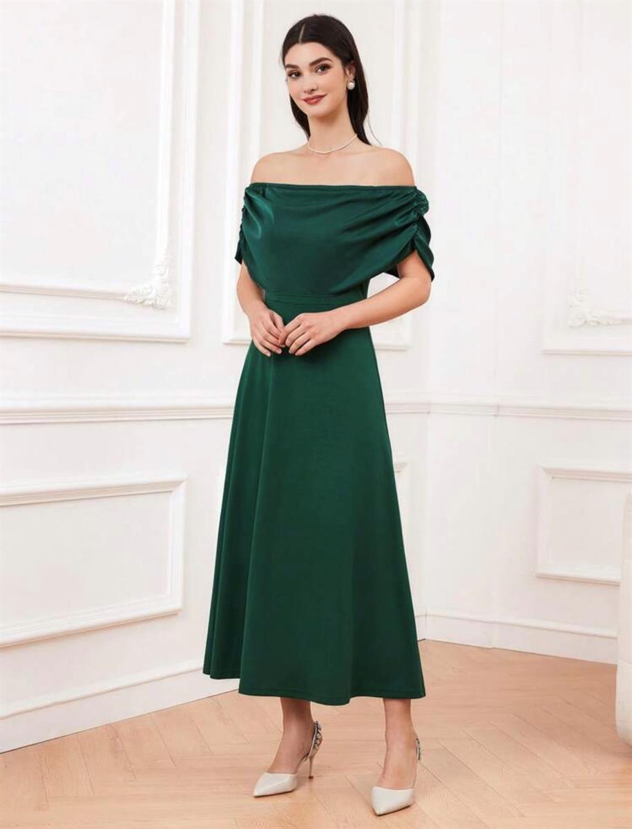 SHEIN emerald green off shoulder pleated dress