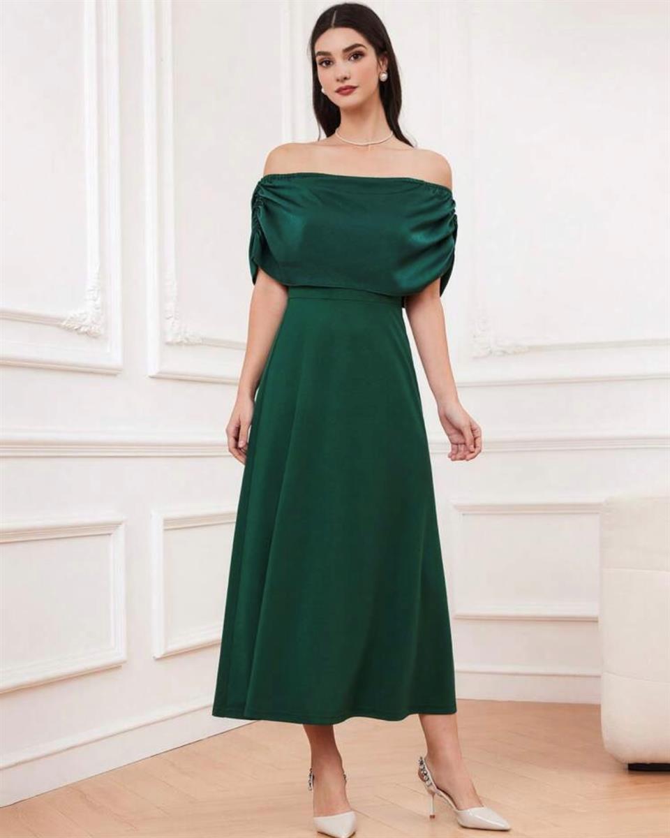 SHEIN emerald green off shoulder pleated dress