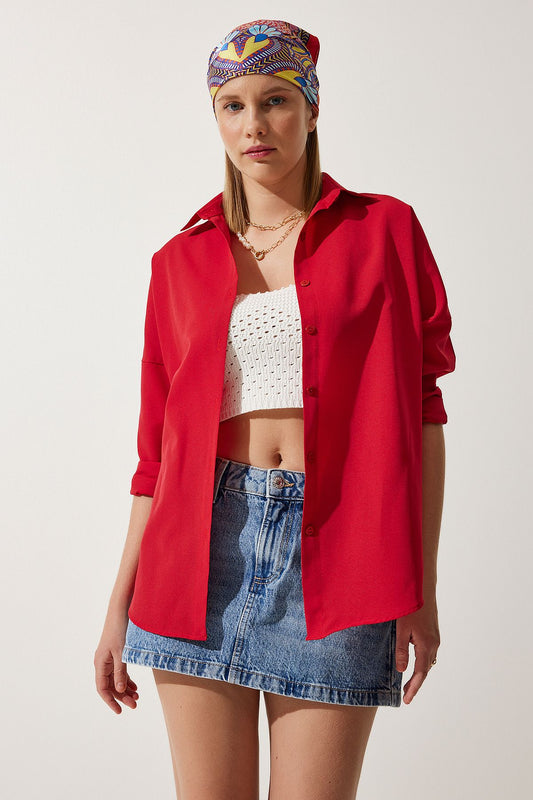 Oversized Button Down Shirt - Red