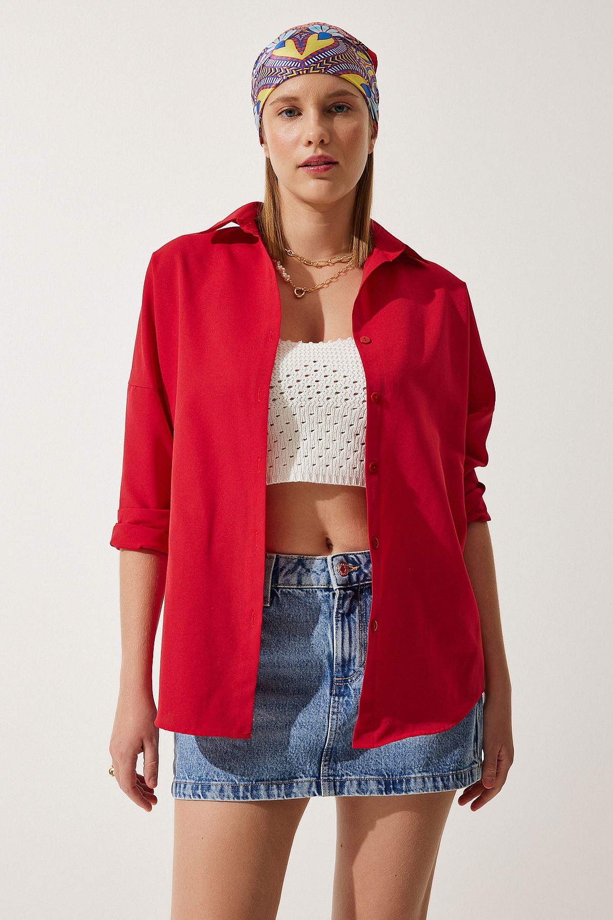 Oversized Button Down Shirt - Red