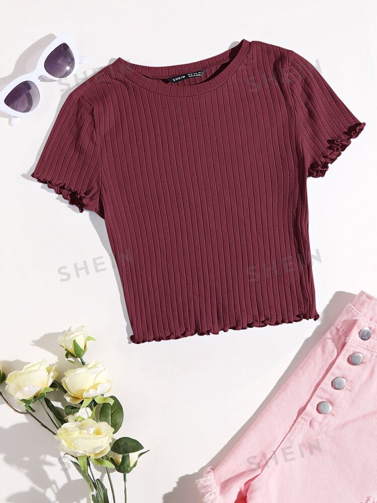 SHEIN EZwear Solid Lettuce Trim Rib-Knit TShirt