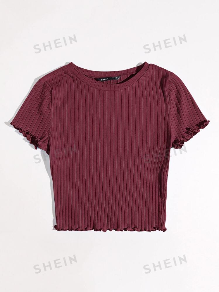 SHEIN EZwear Solid Lettuce Trim Rib-Knit TShirt