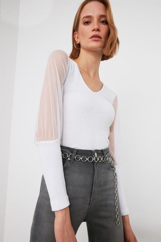 Stylish Net Sleeve White Top