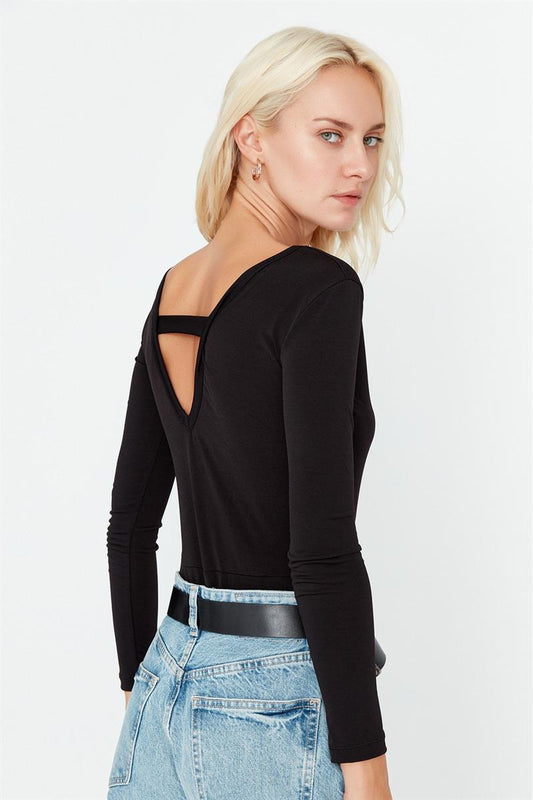 Black Backless V Neck T shirt