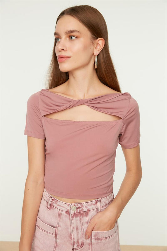 Rose pink top with twisted boat neck